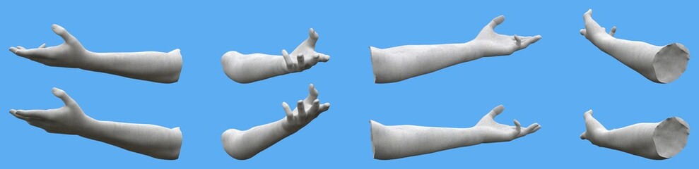 Set of grey stone statue hand realistic renders isolated on blue, lights and shadows distribution example for artists or painters - 3d illustration of object