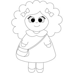 Cute cartoon curly Girl with a bag. Draw illustration in black and white