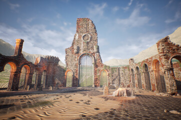 A 3d rendered fantasy background with a castle's ruins. A cinematic atmospheric scene for fantasy and non fantasy projects.  © HWWO Stock