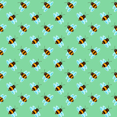 Bee pattern on green. Insect wallpaper. Nature theme. Honey producer. Changeable background. Contour graphic. Idea for decors, gifts, templates, papers, covers, wallpapers. Isolated vector.
