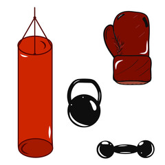 Set of boxing icons: punching bag, dumbbells, kettlebell, glove. White background. Graphic element. Sport. Colorful graphic sketch. Idea for decors, logo, covers, holidays, gifts, art Isolated vector.