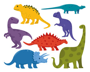 Dinosaur big set. Collection of prehistoric jurrasic period wild fauna. Cute colorful dinosaurs in cartoon style. Vector illustration.