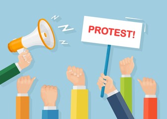 People on strike. Crowd of protesters with placards, banners, megaphone. Vector illustration