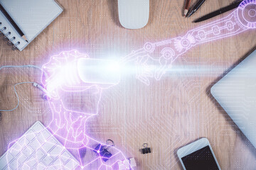 Double exposure of drawing man in AR glasses over table with phone. Top view. VR concept.