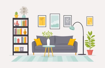 Living room with ornate sofa, picture, carpet, pillow, rug. Lounge with luxury furniture, couch. Vector illustration