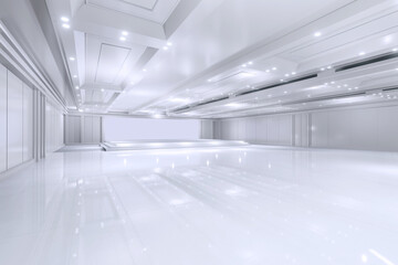 Empty convention hall center with stage.The backdrop for exhibition stands,booth elements. Meeting room for the conference.Big Arena for entertainment,concert,event. ballroom.3d render. - obrazy, fototapety, plakaty
