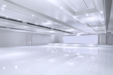 Empty convention hall center with stage.The backdrop for exhibition stands,booth elements. Meeting room for the conference.Big Arena for entertainment,concert,event. ballroom.3d render.