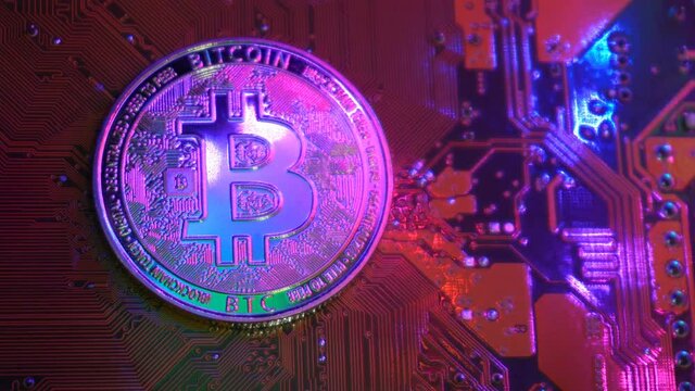 Golden bitcoin coin on server computer motherboard It is the currency that is exchanged and popular today in every country in the world. Concept business technology. Copy spece background