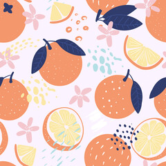 Doodle orange and abstract elements. Vector seamless pattern. Hand drawn illustrations.