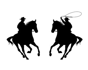 cowboy rider riding galloping horse and throwing lasso - wild west ranger black and white vector silhouette design set