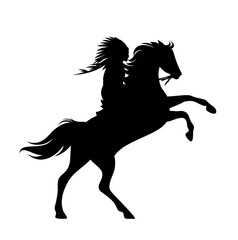 native american tribal chief riding rearing up horse - black and white vector silhouette outline