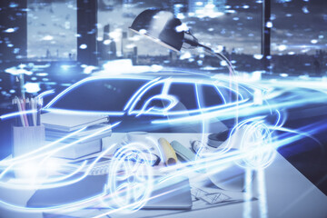 Obraz premium Multi exposure of auto pilot theme drawings and office interior background. Ai concept.