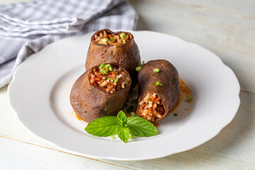 Traditional delicious Turkish foods; dried eggplant stuffed (Turkish name; Kuru patlican dolmasi)