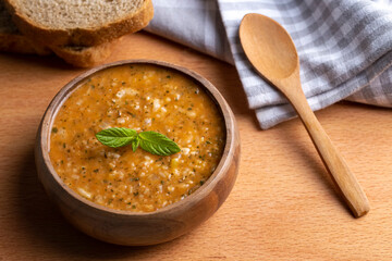 Traditional delicious Turkish soup; Turkish name; Tarhana or Ezogelin corbasi