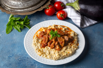Turkish Food Hunkar Begendi made with Eggplant and Meat.