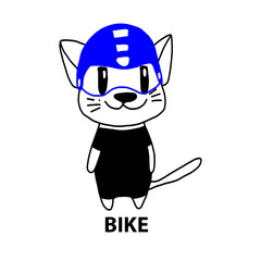 Cool cat in a helmet for cyclists. Children s character for printing on T-shirts, for cycling club or triathlon emblems isolated on white background vector illustration