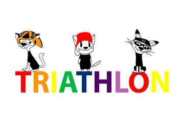 Illustration of the emblem for triathlon competitions. Funny cats in clothes for swimming, running and cycling. Poster-swim, bike,run. Characters for the logo. sports symbol for applying to T-shirts