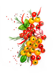 Spices and herbs. Tomato, basil, pepper, garlic. Vegan healthy diet food on white background. Cooking concept, top view