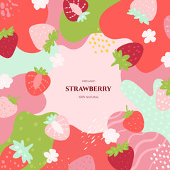 Vector frame with doodle strawberry and abstract elements. Hand drawn illustrations.