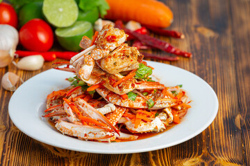 The blue crab salad is placed in a plate.