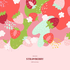 Vector frame with doodle strawberry and abstract elements. Hand drawn illustrations.