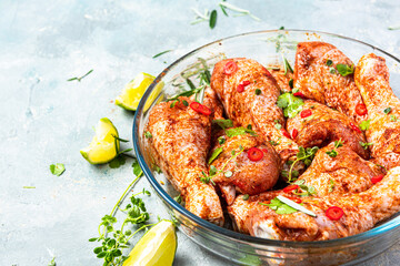 Chicken Legs Drumstick Preparation for BBQ Grill. Marinating Food in SPices
