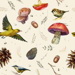 Watercolor illustration, pattern forest, birds, mushrooms and cones. Branches and acorns, forest motifs Freehand drawing on a beige background.