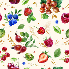 Fototapeta na wymiar Watercolor illustration, pattern. Berries on white background. Raspberries, raspberries on a twig, pink spots.