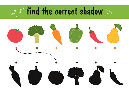 Find the correct shade of vegetables and fruits. Children s educational game on paper with food with a silhouette and object. Draw a line from the subject to the shadow