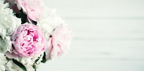 Bouquet of peonies on a white wooden banner background