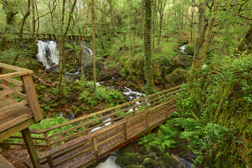 Wooden footbridges on the Arenteiro river, in the region of Galicia, Spain.