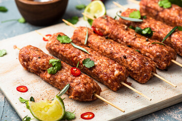 Lamb or Beef Shshlik or Shish Kebab Prepared in Herbs and Spices  for BBQ Grill. Top View