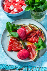Grilled Watermellon with Sorbet and Mint
