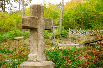 Ancient stone cross on the The Old cemetery - Necropolis. Historical part of Pyatigorsk