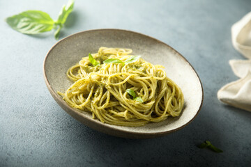 Traditional homemade pasta with pesto sauce	