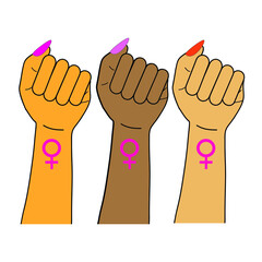 Three female hands are raised in the air. The concept of feminism, equality, freedom and women's rights. Modern flat design style.