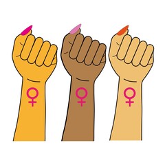 Three female hands are raised in the air. The concept of feminism, equality, freedom and women's rights. Modern flat design style.