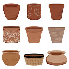 Vector collection of clay pots for house plants. Collection of different textured terracota pots. Stylish flat elements for your desing isolated on white background.