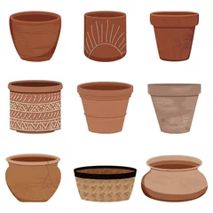 Fotobehang Vector collection of clay pots for house plants. Collection of different textured terracota pots. Stylish flat elements for your desing isolated on white background. © OleniaArtShop