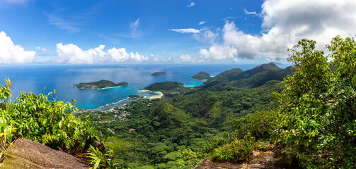 Panorama of Mahe Island, Seychelles, coastline from Morne Blanc View Point with lush tropical...
