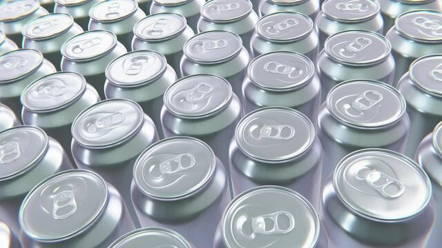 Realistic looping top view tracking shot 3D animation of the blank aluminum drink cans rendered in UHD
