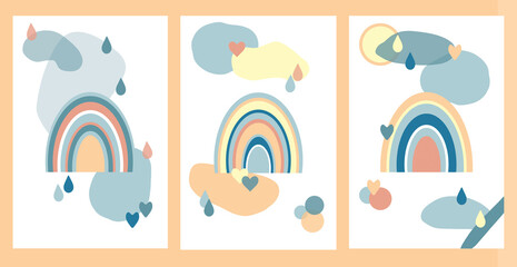 Fototapeta premium Set of posters with boho rainbows on a background of abstract color spots, clouds and raindrops. Modern decor for the interior in a minimalistic Scandinavian style.