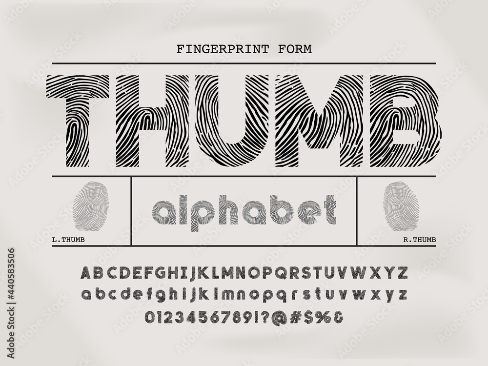 Fototapete finger print style alphabet design with uppercase, lowercase, numbers and symbols