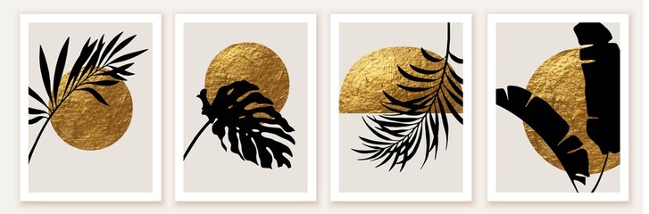 Botanical wall art poster, print. Exotic leaves, golden sun, moon. © olechkaart