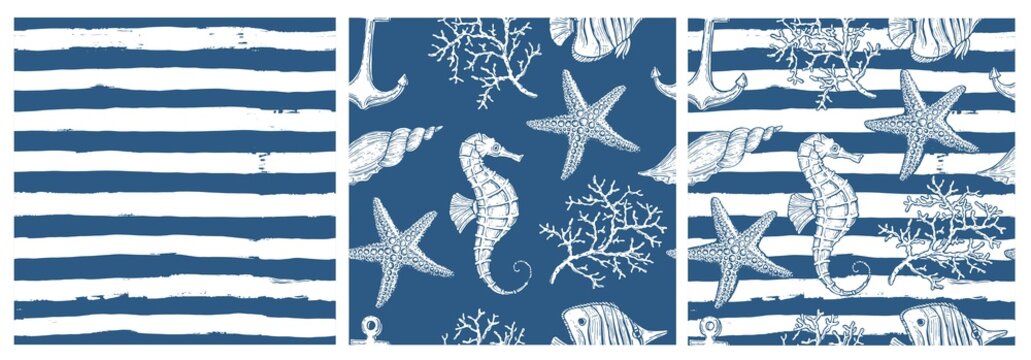 Set of sea style seamless patterns. Underwater creatures, starfish, sea horse, coral, fish.