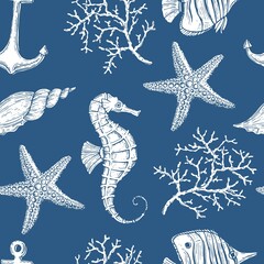 Sea style seamless pattern. Underwater creatures, starfish, sea horse, coral, fish. marine, nautical endless wallpaper, © olechkaart