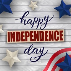 Happy 4th of July Independence Day hand lettering with stars. Vector realistic wood background.