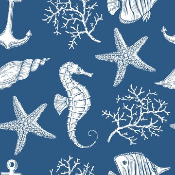 Sea style seamless pattern. Underwater creatures, starfish, sea horse, coral, fish. marine, nautical endless wallpaper,