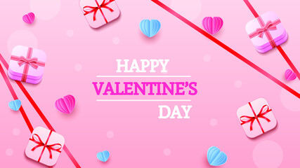 14 February Happy Valentine's Day Greeting Hearts Gifts Ribbons Background. Romantic Love Vector Design Banner Party Invitation Template