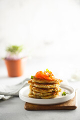 Homemade potato pancakes with smoked salmon